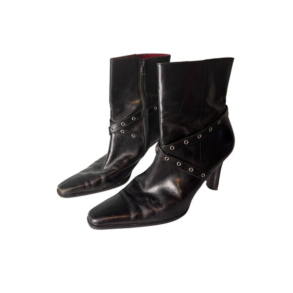 Gianni Bini Heeled Ankle Boots Black Sz 10 Square Toe Silver Grommet Strap - Picture 2 of 11
